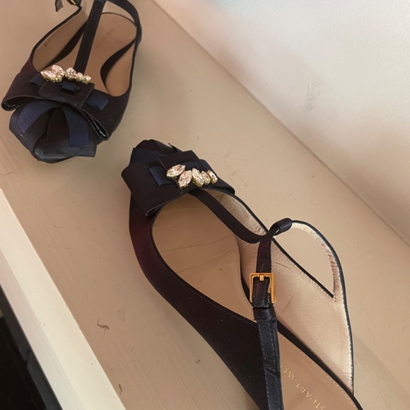 Stuart Weitzman Navy Satin Embellished t-strap flat mule 35.5 - Picture 6 of 12